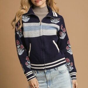 Umgee Boho Floral Knit Zip Up Jacket Cozy Blue Sweater NWT